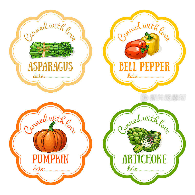 Set of vector labels with hand drawn vegetable. Templates for design can be used as sticker on canned jar, preserving, farmers market, organic food store